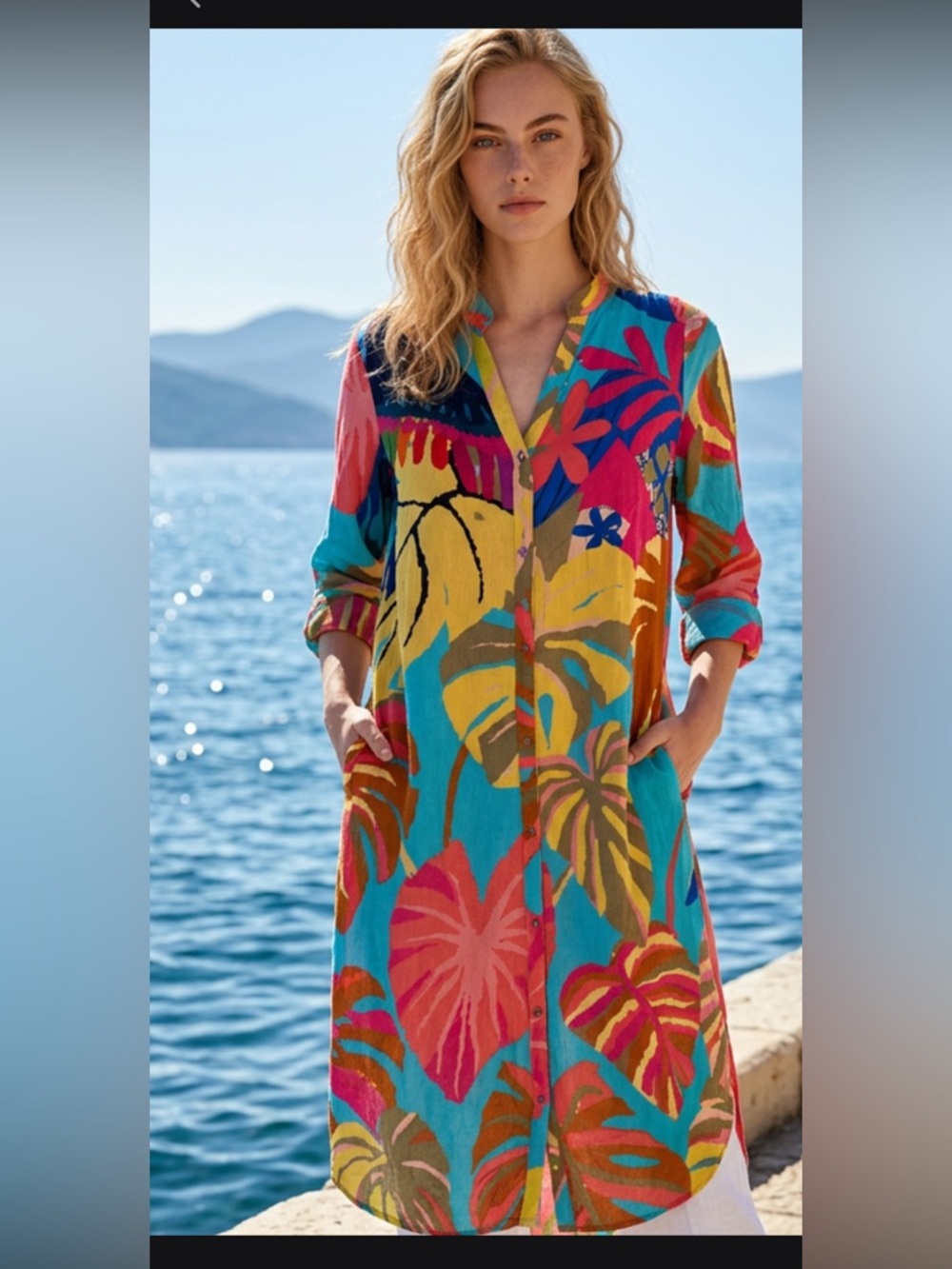 SAACHI Turquoise Multicolor Tropical Button-Front kimono